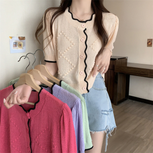 TR25836# 夏季新款韩版复古甜美糖果色泡泡袖针织短袖T恤上衣女 服装批发女装服饰货源