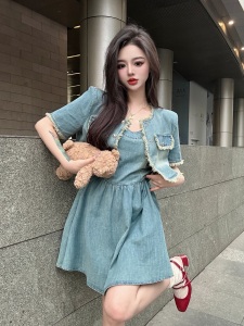 TR52884# 夏季新款气质时尚套装韩版短袖牛仔外套吊带连衣裙两件套