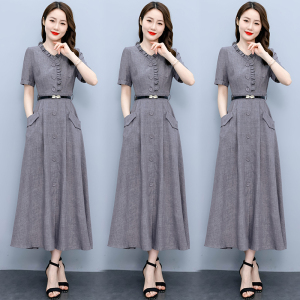 RM6379#夏新款流行裙子亚麻收腰显瘦气质短袖棉麻连衣裙