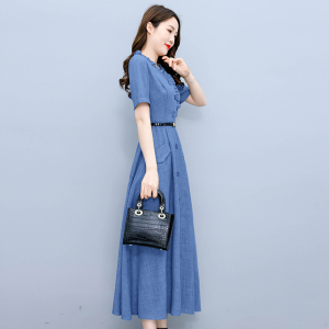 RM6379#夏新款流行裙子亚麻收腰显瘦气质短袖棉麻连衣裙