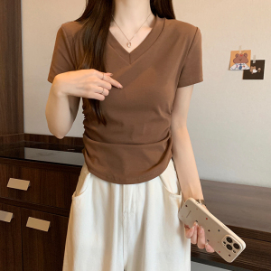 RM7203#紧身v领短款短袖t恤女夏季简约纯色褶皱收腰体恤韩版内搭上衣
