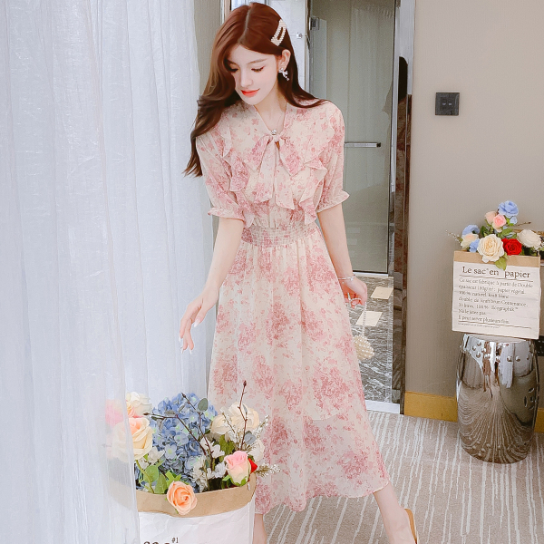 RM9412#夏季新款系带减龄韩版甜美淑女植物花卉V领连衣裙
