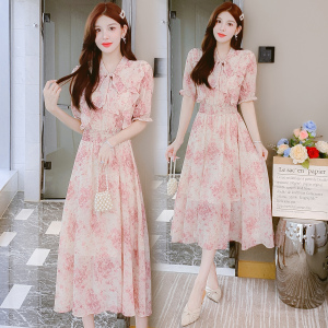 RM9412#夏季新款系带减龄韩版甜美淑女植物花卉V领连衣裙