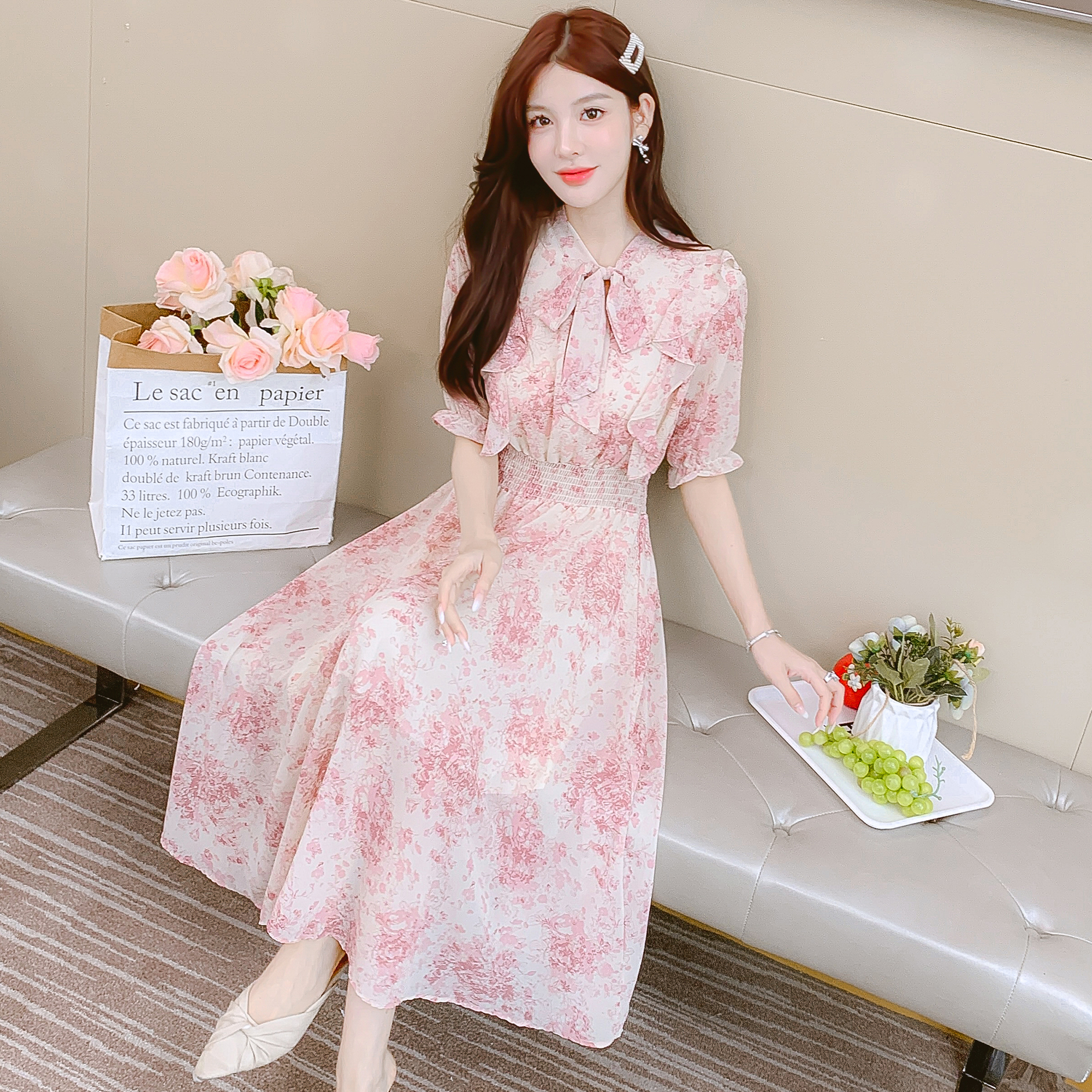實拍2023夏季新款系帶減齡韓版甜美淑女植物花卉V領連衣裙