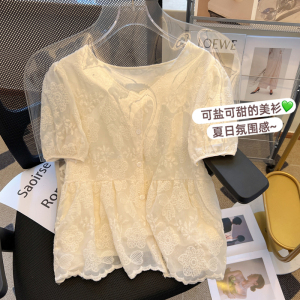 RM6107#提花蕾丝上衣女春季新款甜美减龄泡泡袖衬衫时尚别致洋气漂亮小衫