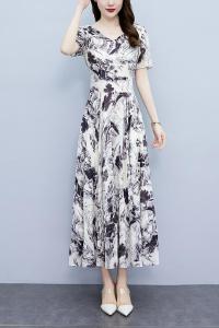RM6726#夏季新款水墨画风雪纺碎花连衣裙收腰显瘦遮肚子长裙