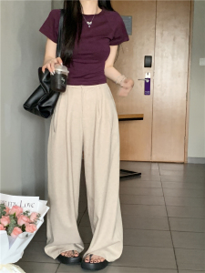RM10132#美式小飞袖圆领短袖T恤女+极简垂感大长腿西裤