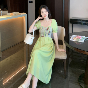 RM14447#水墨绿 法式方领复古文艺油画感提花拼接连衣裙女2023年夏季A字裙