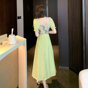 RM14447#水墨绿 法式方领复古文艺油画感提花拼接连衣裙女2023年夏季A字裙