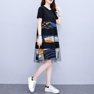 RM7004#大码连衣裙2023夏季新款短袖女胖MM显瘦网纱拼接宽松型中长款裙子