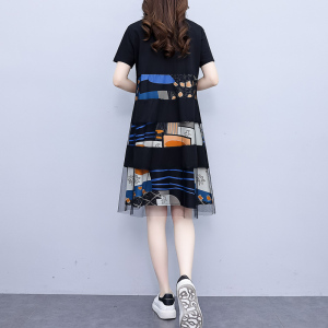 RM7004#大码连衣裙2023夏季新款短袖女胖MM显瘦网纱拼接宽松型中长款裙子