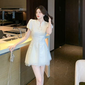 RM18725#白色旗袍温柔风流苏网纱短袖连衣裙女夏季法式气质优雅初恋短裙