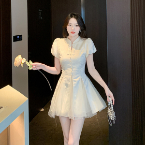 RM18725#白色旗袍温柔风流苏网纱短袖连衣裙女夏季法式气质优雅初恋短裙