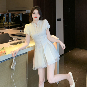 RM18725#白色旗袍温柔风流苏网纱短袖连衣裙女夏季法式气质优雅初恋短裙