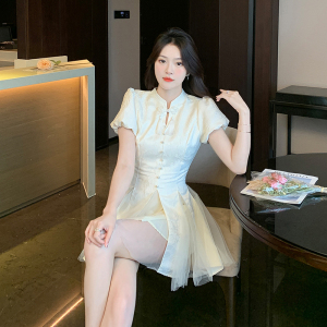 RM18725#白色旗袍温柔风流苏网纱短袖连衣裙女夏季法式气质优雅初恋短裙