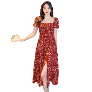 RM13315#红色碎花连衣裙女2023夏季新款高级感法式侧开叉方领长裙