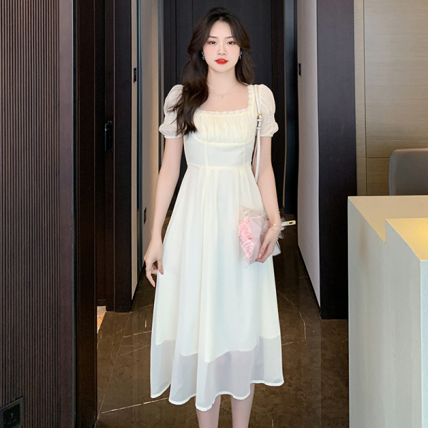 RM10920#方领连衣裙女2023夏季新款高级感法式复古显瘦温柔风长裙