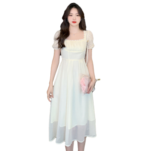 RM10920#方领连衣裙女2023夏季新款高级感法式复古显瘦温柔风长裙