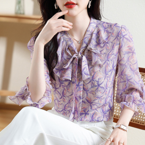 RM20952#漂亮时尚的衬衫女雪纺衫印花飘带七分袖花色气质甜美别致法式上衣