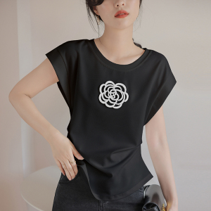 RM7663#设计感山茶花T恤女2023新款夏季收腰显瘦减龄飞飞袖上衣