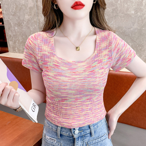 RM18434#夏季新款设计感方领修身撞色上衣彩虹色短袖针织衫女
