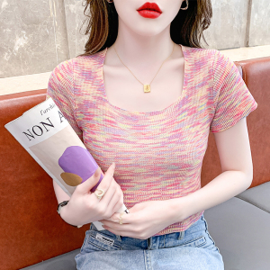 RM18434#夏季新款设计感方领修身撞色上衣彩虹色短袖针织衫女