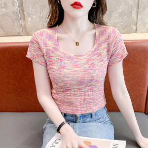 RM18434#夏季新款设计感方领修身撞色上衣彩虹色短袖针织衫女