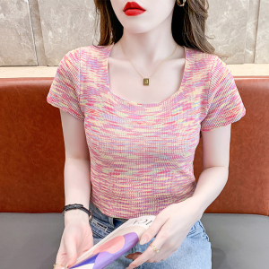 RM18434#夏季新款设计感方领修身撞色上衣彩虹色短袖针织衫女
