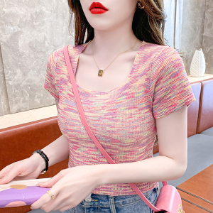 RM18434#夏季新款设计感方领修身撞色上衣彩虹色短袖针织衫女