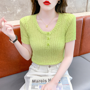 RM18448#夏季新款小众纯色短袖上衣垫肩U领短款针织衫女