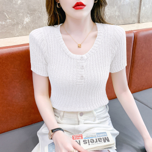 RM18448#夏季新款小众纯色短袖上衣垫肩U领短款针织衫女