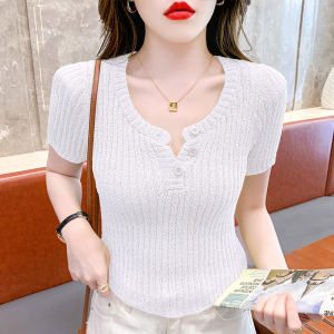 RM18448#夏季新款小众纯色短袖上衣垫肩U领短款针织衫女