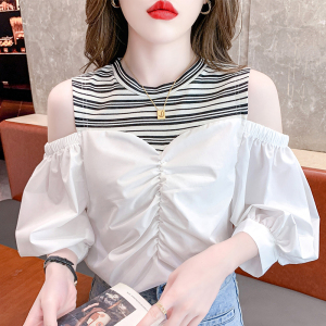 RM18578#夏季新款设计感假两件上衣条纹拼接白色露肩衬衫女