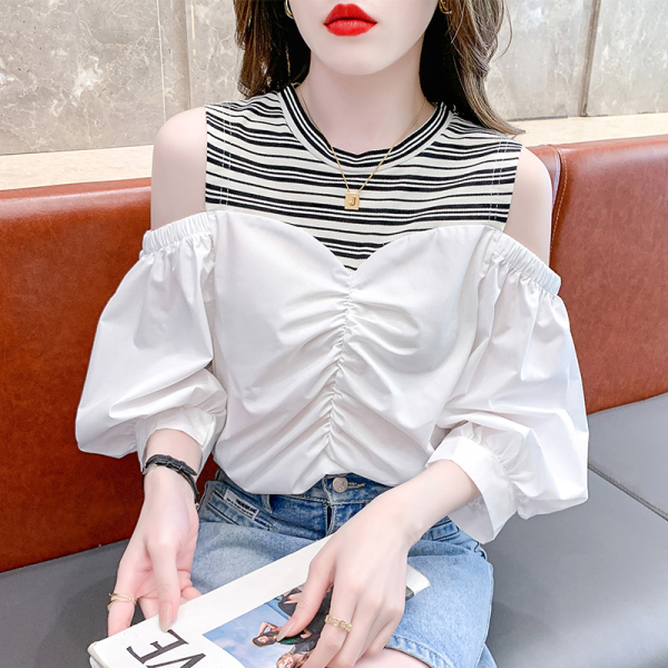 RM18578#夏季新款设计感假两件上衣条纹拼接白色露肩衬衫女