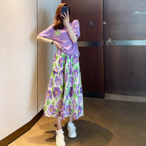 TR31736# 初恋风短袖t恤女夏紫色纯棉宽松两件套装裙小众显瘦温柔大小姐