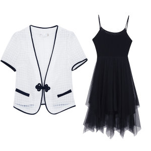 RM7366#夏季大码女装复古显瘦西服+仙气网纱吊带连衣裙两件套装
