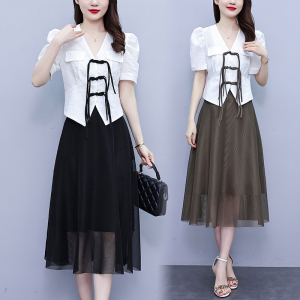 RM7364#夏季大码女装复古显瘦西服+仙气网纱吊带连衣裙两件套装