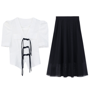 RM7364#夏季大码女装复古显瘦西服+仙气网纱吊带连衣裙两件套装