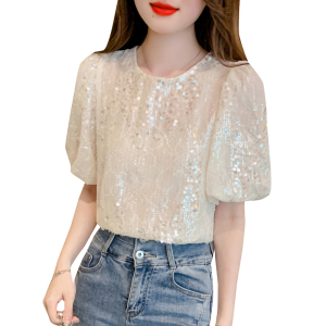 RM11243#夏新款短袖时尚亮片宽松显瘦气质女装上衣T恤百搭灯笼袖