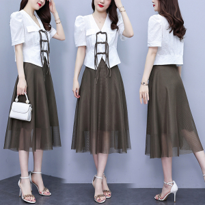 RM7364#夏季大码女装复古显瘦西服+仙气网纱吊带连衣裙两件套装