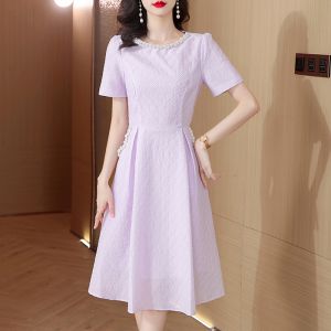 RM10525#气质法式纯色肌理感连衣裙女2023夏季新款减龄显瘦钉珠中长裙