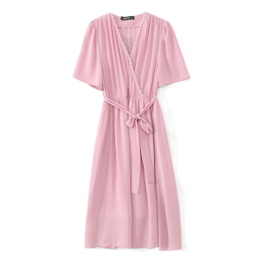 RM10518#气质法式粉色V领连衣裙女2023夏季新款钉珠系带泡泡袖中长裙
