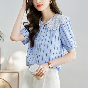 RM18149#衬衫女短袖2023夏季新款韩版蕾丝娃娃领甜美别致衬衣上衣