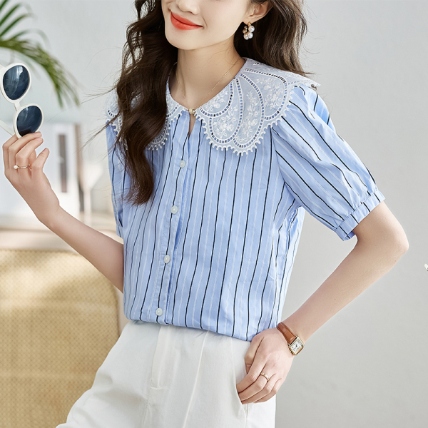 RM18149#衬衫女短袖2023夏季新款韩版蕾丝娃娃领甜美别致衬衣上衣