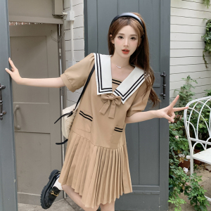 RM19396#学院风夏季新款海军领洋气显白奶咖色百褶裙法式简约风连衣裙