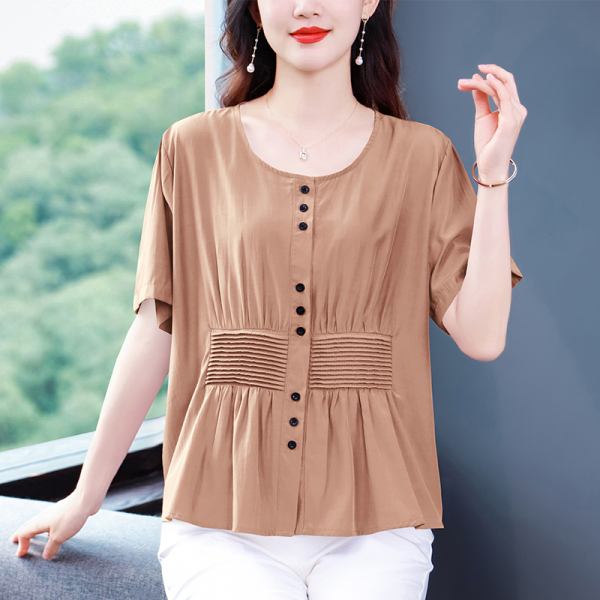 RM9598#夏季新款短袖大码时尚百搭衬衣设计感压褶宽松气质上衣