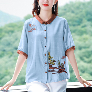 RM7514#新款娃娃领拼接棉麻五分袖刺绣衬衫韩版复古特色棉麻上衣