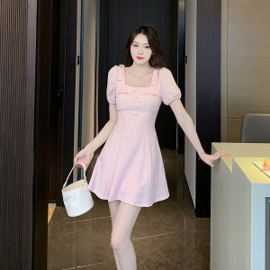 RM11097#新款气质泡泡袖设计感蝴蝶结方领连衣裙收腰显瘦A字连衣裙
