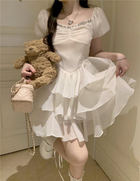 RM6422#超仙甜美荷叶边裙 纯色短袖公主过生日蓬蓬连衣裙