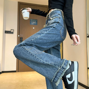 RM6624#复古毛边直筒牛仔裤女2023年新款高腰显瘦宽松阔腿裤长裤子